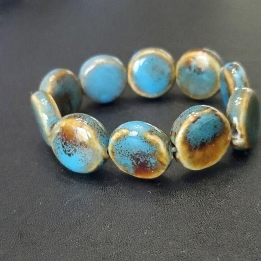 Ceramic Blue Brown Tan Glazed Bead Bracelet 7.25"